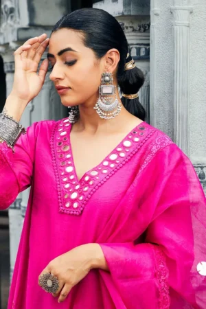 Fuchsia Mirror Work Chanderi Kurta with Pants- Set of 2