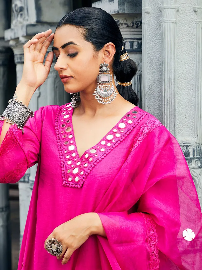 Fuchsia Mirror Work Chanderi Kurta with Pants- Set of 2