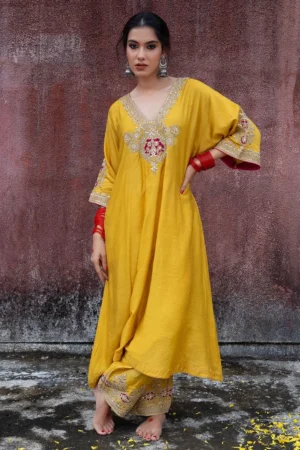 Mustard Yellow Embroidered Chanderi Kurta with Pants- Set of 2