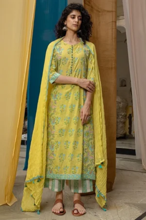 Lemon Yellow Hand Block Printed Cambric Cotton Suit with Green Palazzo and Mulmul Dupatta - Set of 3