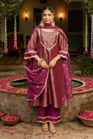 Purple Embroidered Tissue Striped Kurta with Pants- Set of 2