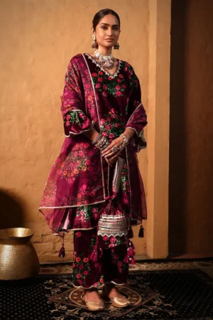 Wine Printed Velvet Embroidered Kurta with Pants- Set of 2