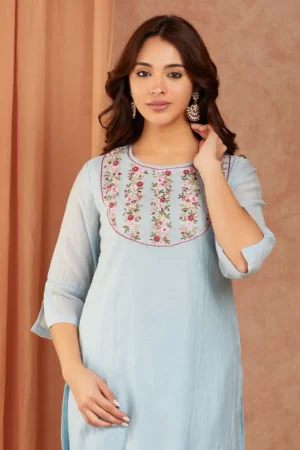 Sky Blue Embroidered Chanderi Kurta