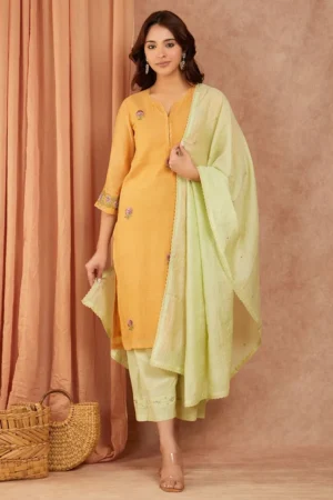 Mustard Yellow Embroidered Chanderi Suit- Set of 3