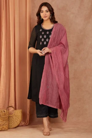 Black Embroidered Chanderi Suit- Set of 3