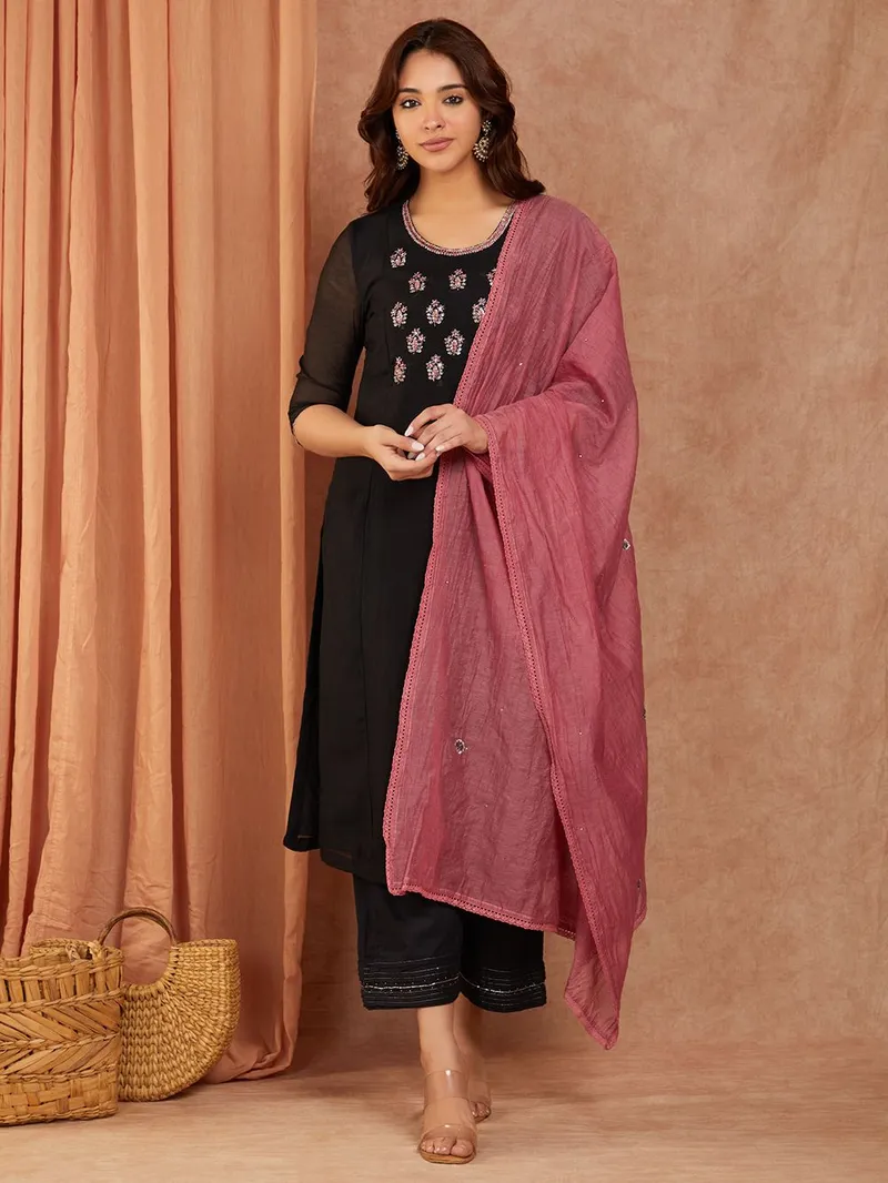 Black Embroidered Chanderi Suit- Set of 3