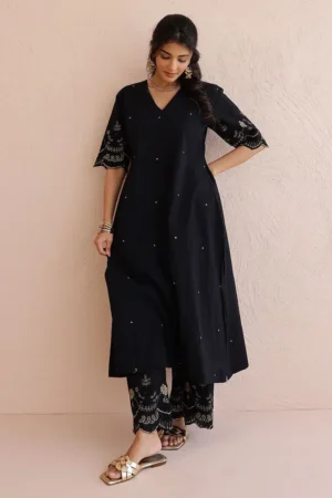 Black Embroidered Cotton Kurta with Pants - Set of 2