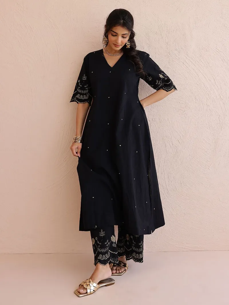 Black Embroidered Cotton Kurta with Pants - Set of 2