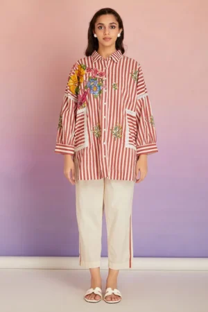 Red White Striped Cotton Patch Work Co-ord Set - Set of 2