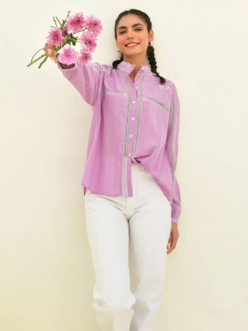 Purple Embroidered Poplin Shirt