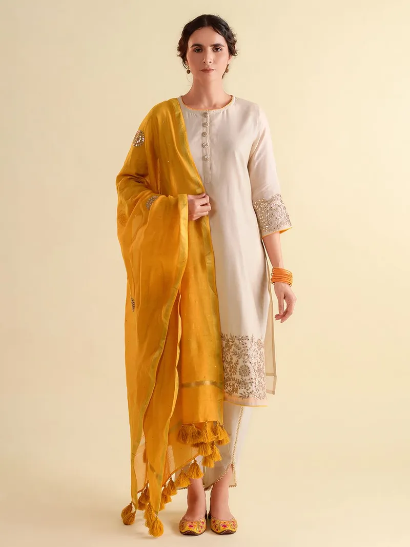 Ivory Yellow Gota Patti Chanderi Suit- Set