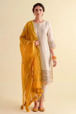 Ivory Yellow Gota Patti Chanderi Suit- Set of 3