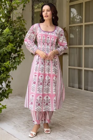 Light Pink Printed Cotton Kurta with Afghani Pants- Set of 2