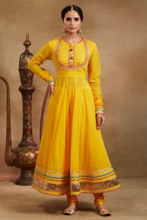 Yellow Gota Mulmul Anarkali Kurta with Churidar- Set of 2