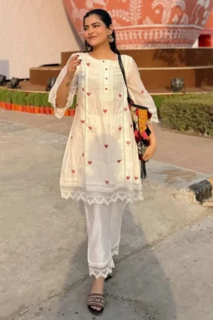 Ivory Embroidered Chanderi Kurta with Pants- Set of 2