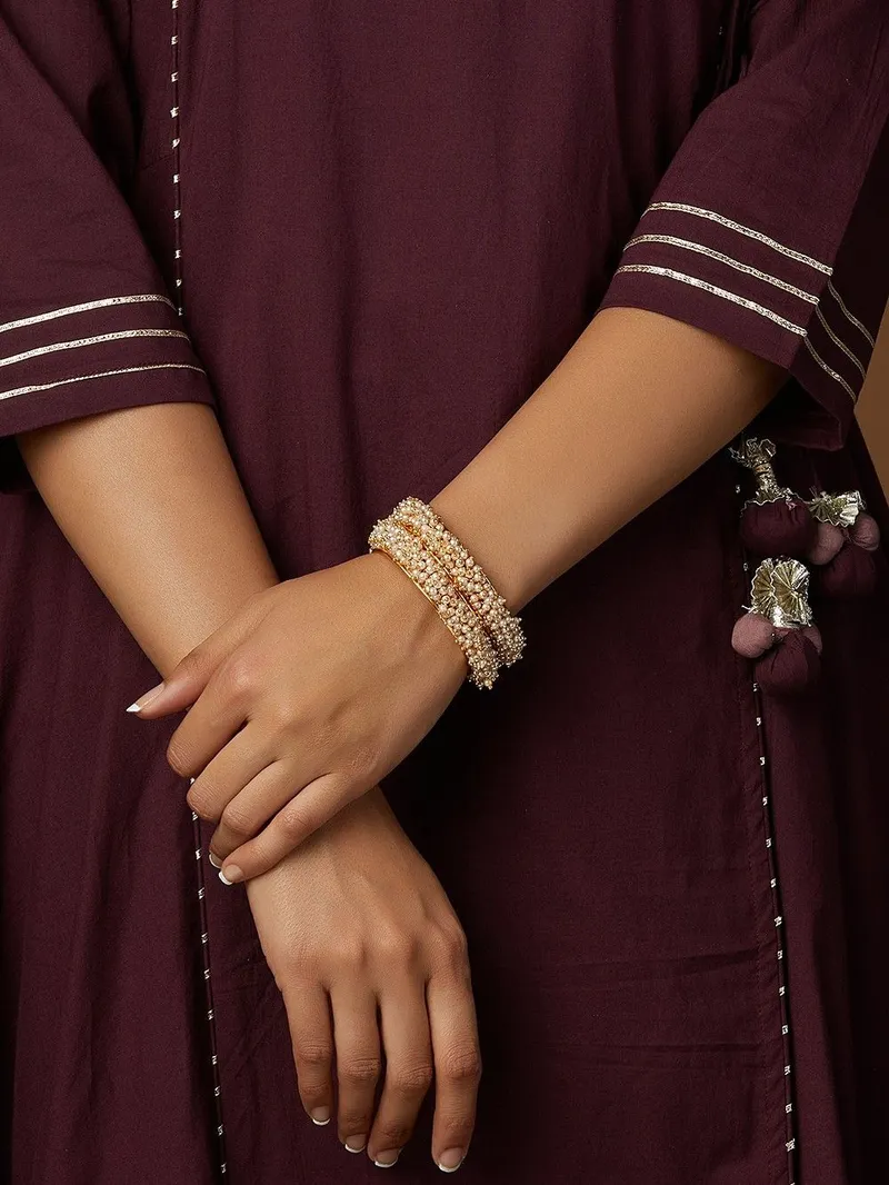 Gold Plated Handcrafted Metal Pearl Bangles - Set of 2