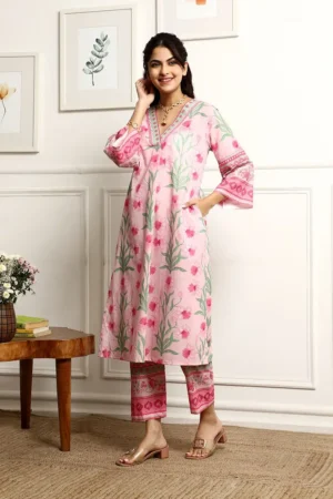 Pink Printed Cotton Kurta with Pants- Set of 2