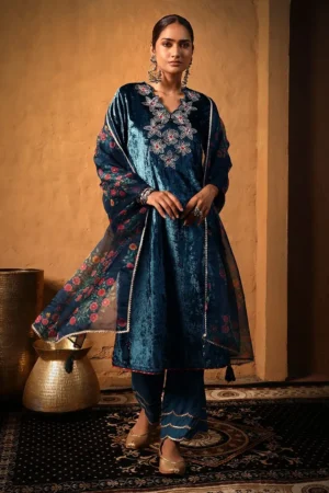 Teal Green Embroidered Velvet Kurta with Pants- Set of 2