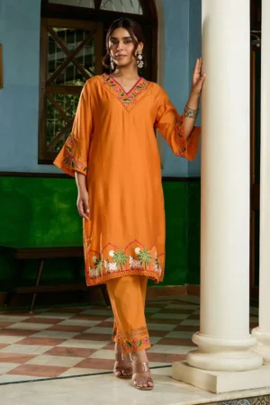 Orange Embroidered Chanderi Kurta with Pants