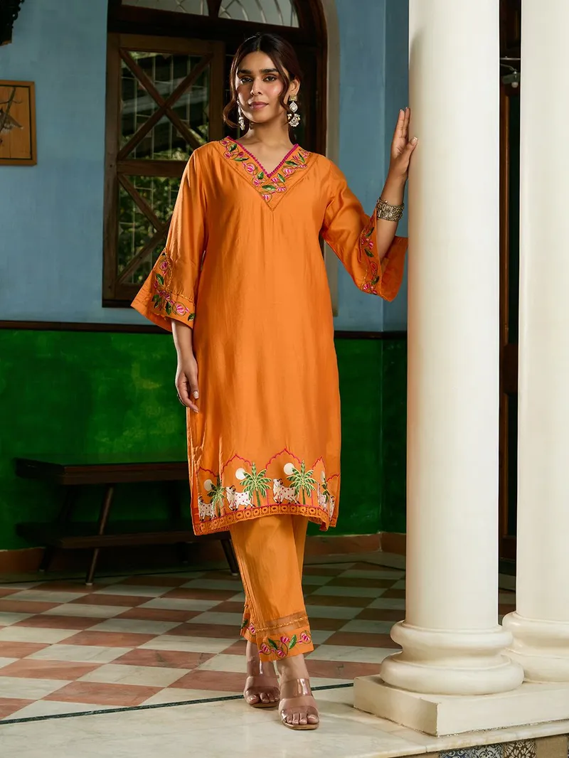 Orange Embroidered Chanderi Kurta with Pants
