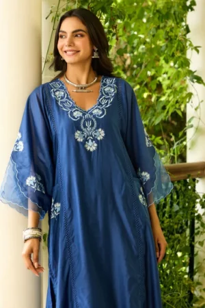 Blue Embroidered Chanderi Choga with Pants- Set of 2