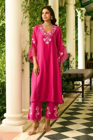 Fuchsia Embroidered Chanderi Kurta with Pants