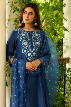 Blue Embroidered Chanderi Kurta with Pants- Set of 2