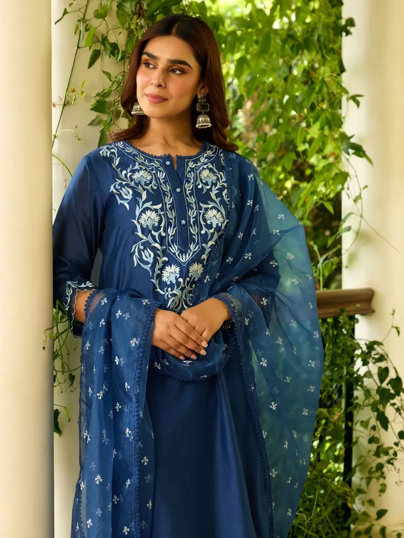 Blue Embroidered Chanderi Kurta with Pants- Set of 2