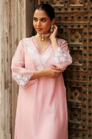 Powder Pink Embroidered Chanderi Kurta with Pants- Set of 2