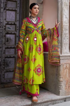 Green Printed Cotton Kurta with Pants- Set of 2