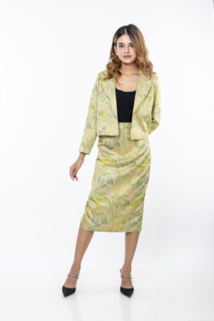 Pastel Green Leaf Print Co-Ord Set – Blazer & Skirt